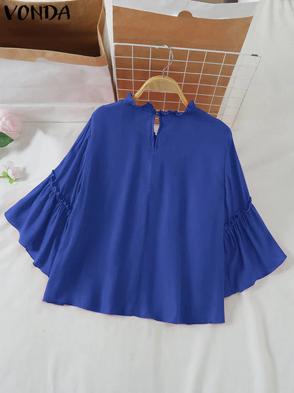VONDA Women Ruffled Shirts 2025 Casual Flare Sleeve Tops Bohemian Blusas Solid Color Elegent Blouse Female Summer Tunic Oversize