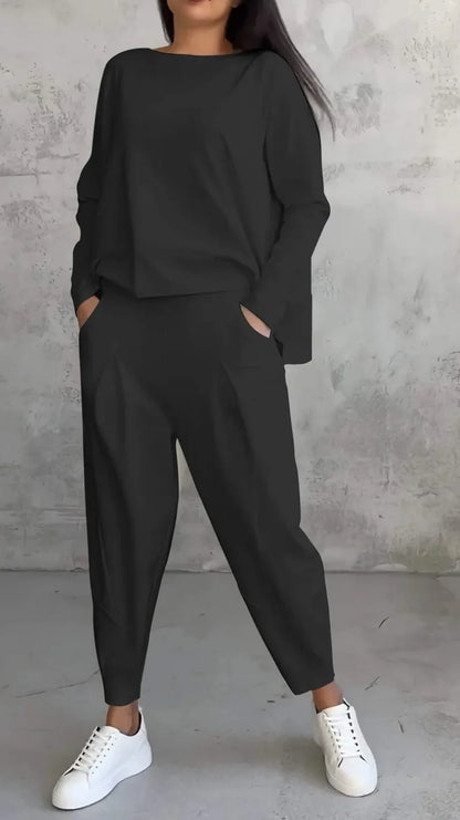Women Two Piece Pant Sets Solid Full Sleeved Tops Round Neck Casual Midi Waist Long Pants Pockets Regular Elegant Lady