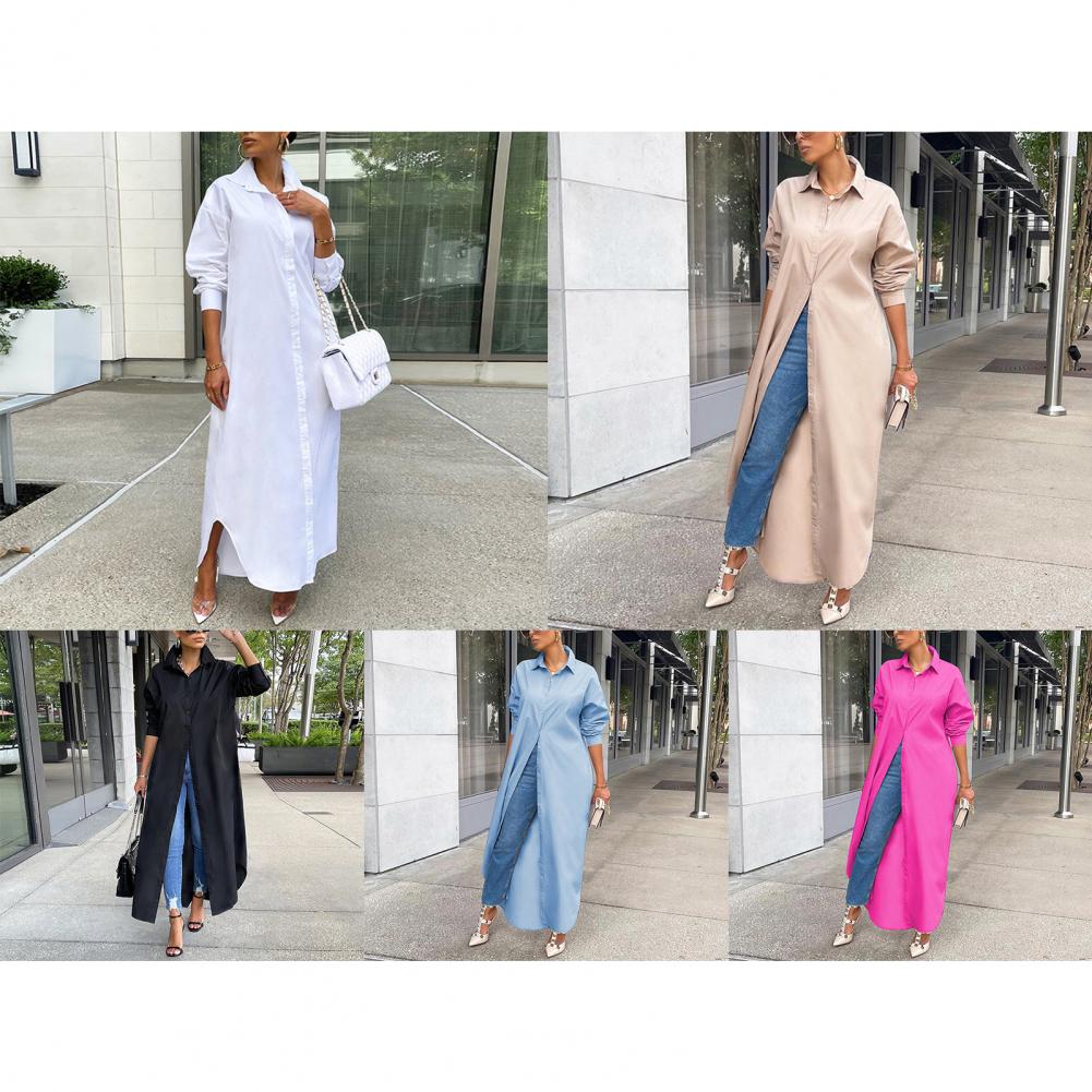 Women Shirt Windproof Shirt Dress Versatile Hem Stylish Autumn Winter Solid Color Shirt Long Dress