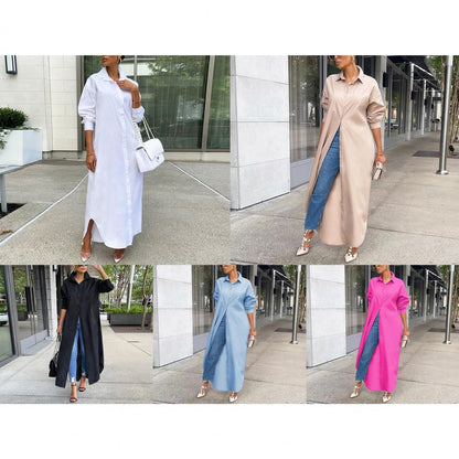 Women Shirt Windproof Shirt Dress Versatile Hem Stylish Autumn Winter Solid Color Shirt Long Dress