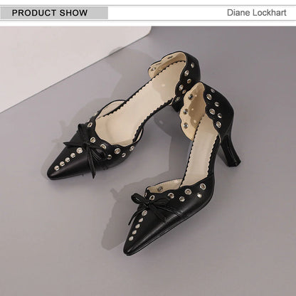 Summer Women Rivet Air Holes High Heel Sandals Commuter Design Pumps Cute Bow Heels Lady Fetish Sweet Wedding Pointy Shoes