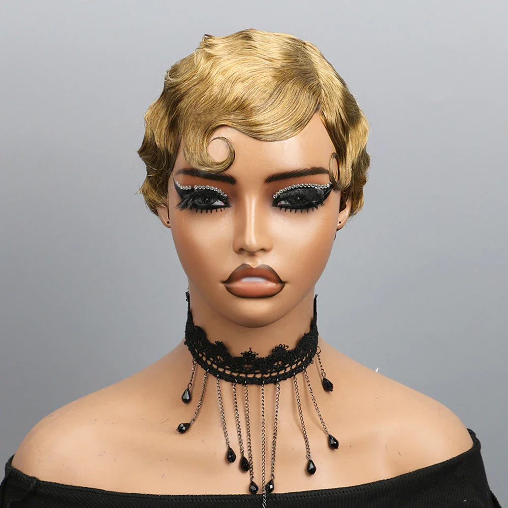 Short Finger Wave Wig Human Hair Wigs For Women 180% Density Brown Short Ocean Wave Wig Pixie Cut Wigs for Woman Natural Look