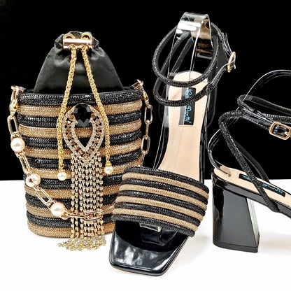 Newest Olive Colour Personalized  Design Rhinestone Decoration High Heel Peep Toe Banquet Ladies Shoes And Bag Set