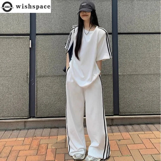 Spring/Summer Loose Casual Set Women's Stripe Short Sleeved T-shirt Wearing Floor Sweeping Wide Legged Pants Two Piece Set