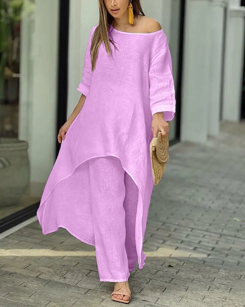 Women's Cotton Linen Long Pants Sets Fashion Solid Casual Irregular Tops Wide Leg Pant Suits Office Lady Two Piece Sets Clothes