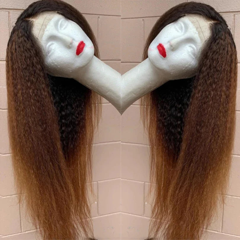 Soft Yaki 26”Long Ombre Brown Blonde Kinky Straight 180Density Deep Lace Front Wig For Black Women Synthetic Babyhair Preplucked