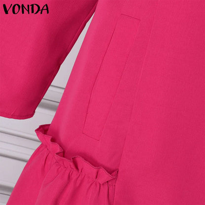 Plus Size VONDA Women Ruffled Maxi Long Dress 2024 Casual Solid Color A-Line Shirt Dress Stand Collar Long Sleeve Party Vestido