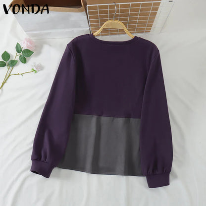 VONDA Casual Pullovers Round Neck Hoodies Spring Patchwork Contrasting Button Long Sleeved Sweatshirts 2025 Oversized Blouses
