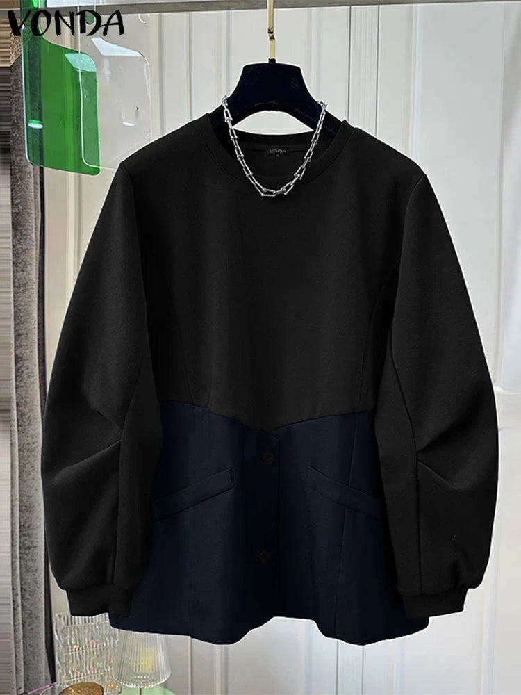 VONDA Casual Pullovers Round Neck Hoodies Spring Patchwork Contrasting Button Long Sleeved Sweatshirts 2025 Oversized Blouses