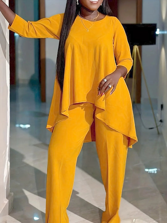 Women Two Piece Sets Pant Set Round Neck Matching Sets Casual Loose Irregularity Tops Long Pants Elegant Splice Y2k Streetwear