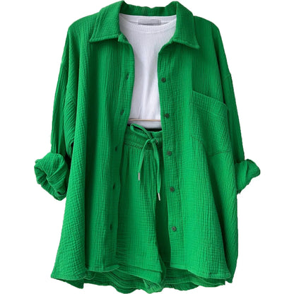 Women's Short Sets 2 Pcs Sale Grass Green Loose Button Cardigan Blouse Coats & Drawstring Wide Leg Loose Short Pant Suits