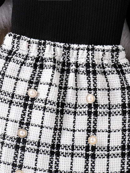 Spring and autumn fashion girls casual 2-piece micro elastic solid color knitted crew-neck long-sleeved top + plaid skirt