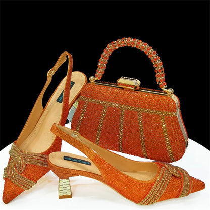 Venus Chan 2024 Special Design High Quality Orange Color African Women Shoes and Bag Set with Shinning Crystal for Wedding Party