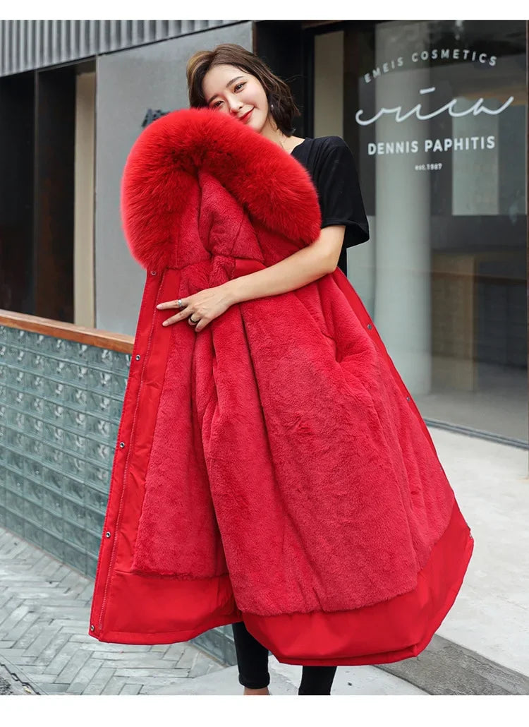 Winter Parka 2024 New Women Jacket Clothes Long Coat Wool Liner Hooded Jacket Fur Collar Thick Warm Snow Wear Fashion Parka
