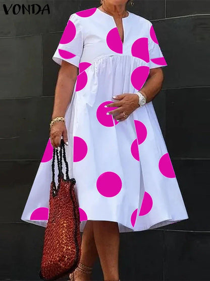 VONDA Plus Size 5XL Women Dress 2025 Summer Bohemian Polka Dot Maxi Long Dress V Neck Party Sundress Vestido Beach Robe Elegant