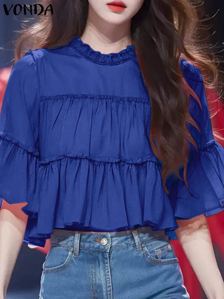 VONDA Women Ruffled Shirts 2025 Casual Flare Sleeve Tops Bohemian Blusas Solid Color Elegent Blouse Female Summer Tunic Oversize