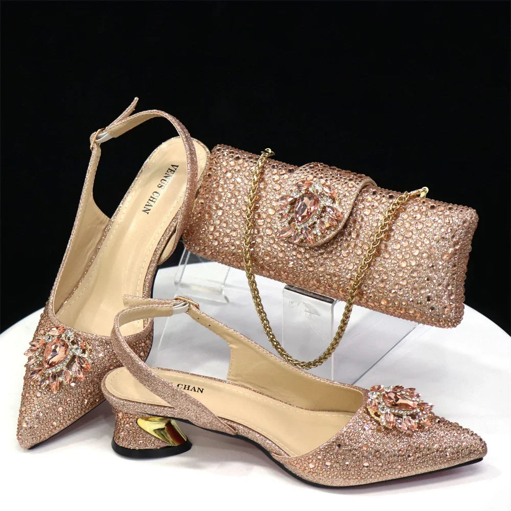 New Arrival Fashion Shoes Matching Bag Set Royal Blue Color Decorated with Crystal Ladies Wedding Party Women High Heel