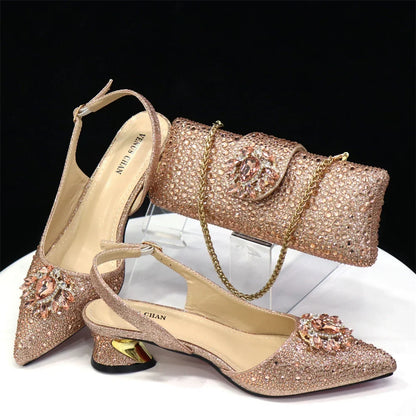 New Arrival Fashion Shoes Matching Bag Set Royal Blue Color Decorated with Crystal Ladies Wedding Party Women High Heel