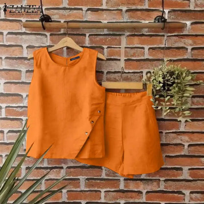 ZANZEA Fashion Matching Suits Women 2PCS Solid Tracksuit Sexy Pocket Summer Short Sets Casual Loose Sleeveless Tank and Shorts