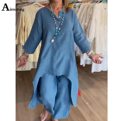 Plus Size Women Casual Linen Two Piece Sets 2024 New Summer Vintage Long Blouse and Wide Leg Pants Suits Female Tracksuits Set
