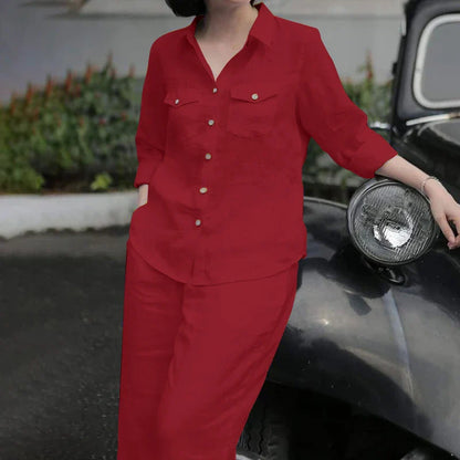 Women Elegant Lapel Neck Long Sleeve Shirt Pants Sets 2PCS Fashion Autumn Outifits Solid Work Trousers Suits Tracksuit