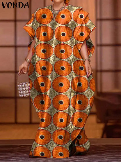 Women Party Maxi Long Dress 2024 VONDA Bohemian Sundress Summer Bat-wing Sleeve Printed Dress Casual Loose Robe Fashion Vestidos