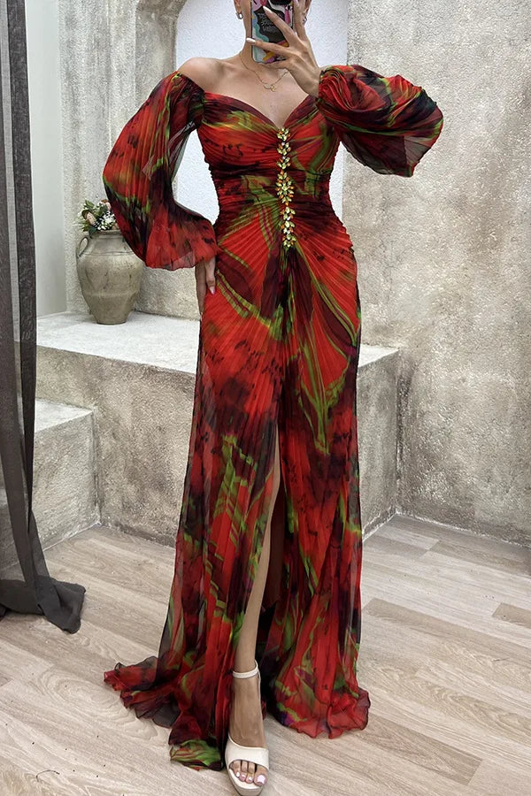 Women Floral Lantern Long Sleeve Dress Elegant Rhinestone Off Shoulder Maxi Dresses Sexy Deep V-neck  Waist Split Parties Dress