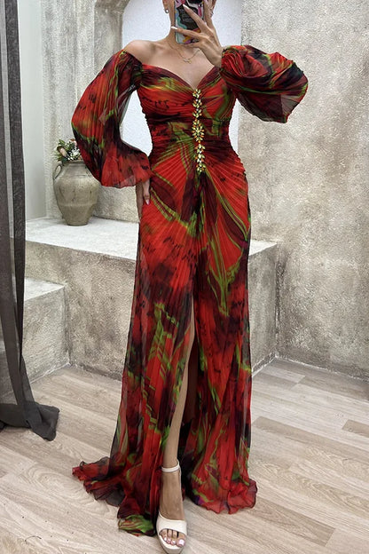 Women Floral Lantern Long Sleeve Dress Elegant Rhinestone Off Shoulder Maxi Dresses Sexy Deep V-neck  Waist Split Parties Dress