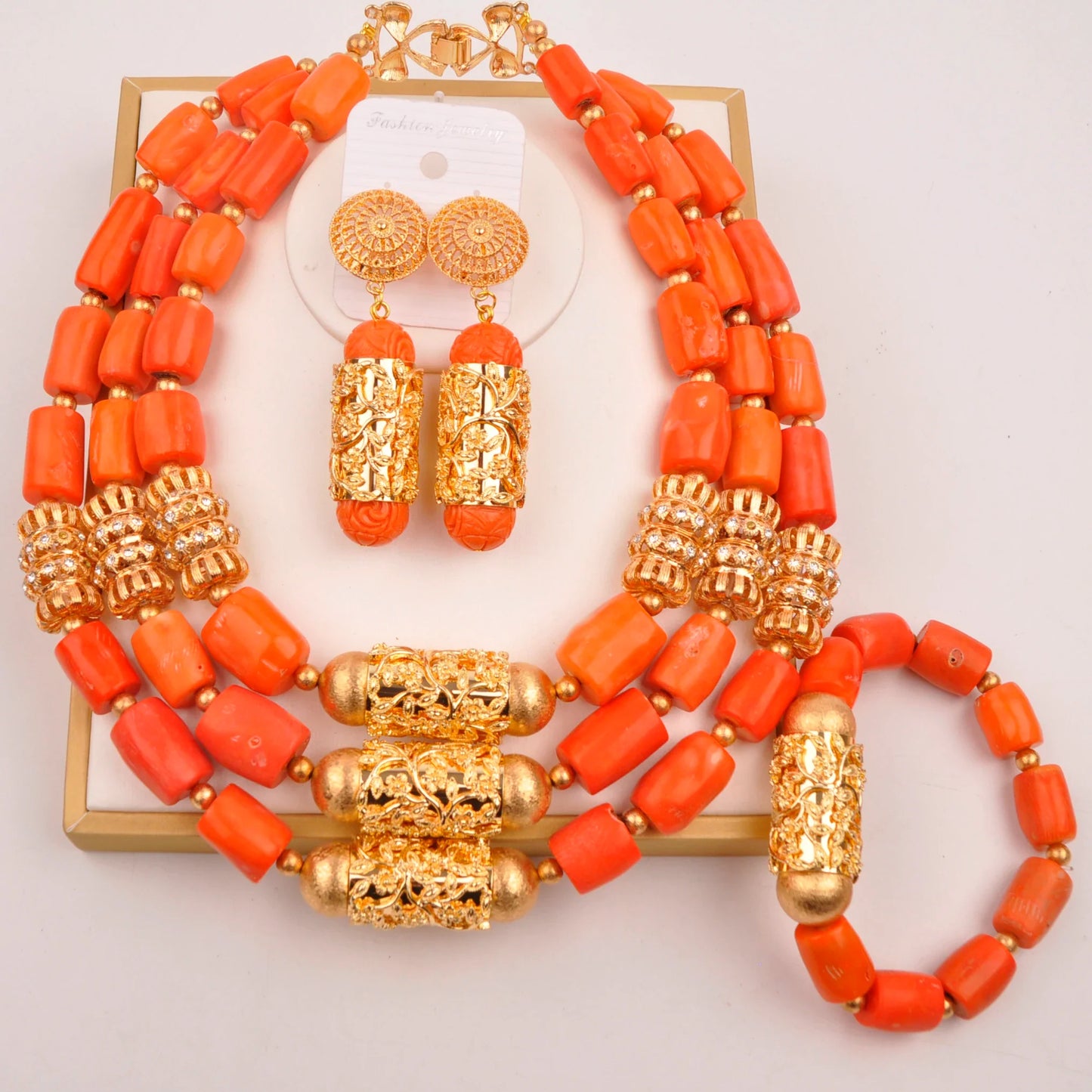 splendid orange nigeria coral beads necklace african jewelry set bridal wedding jewelry sets C21-23-01