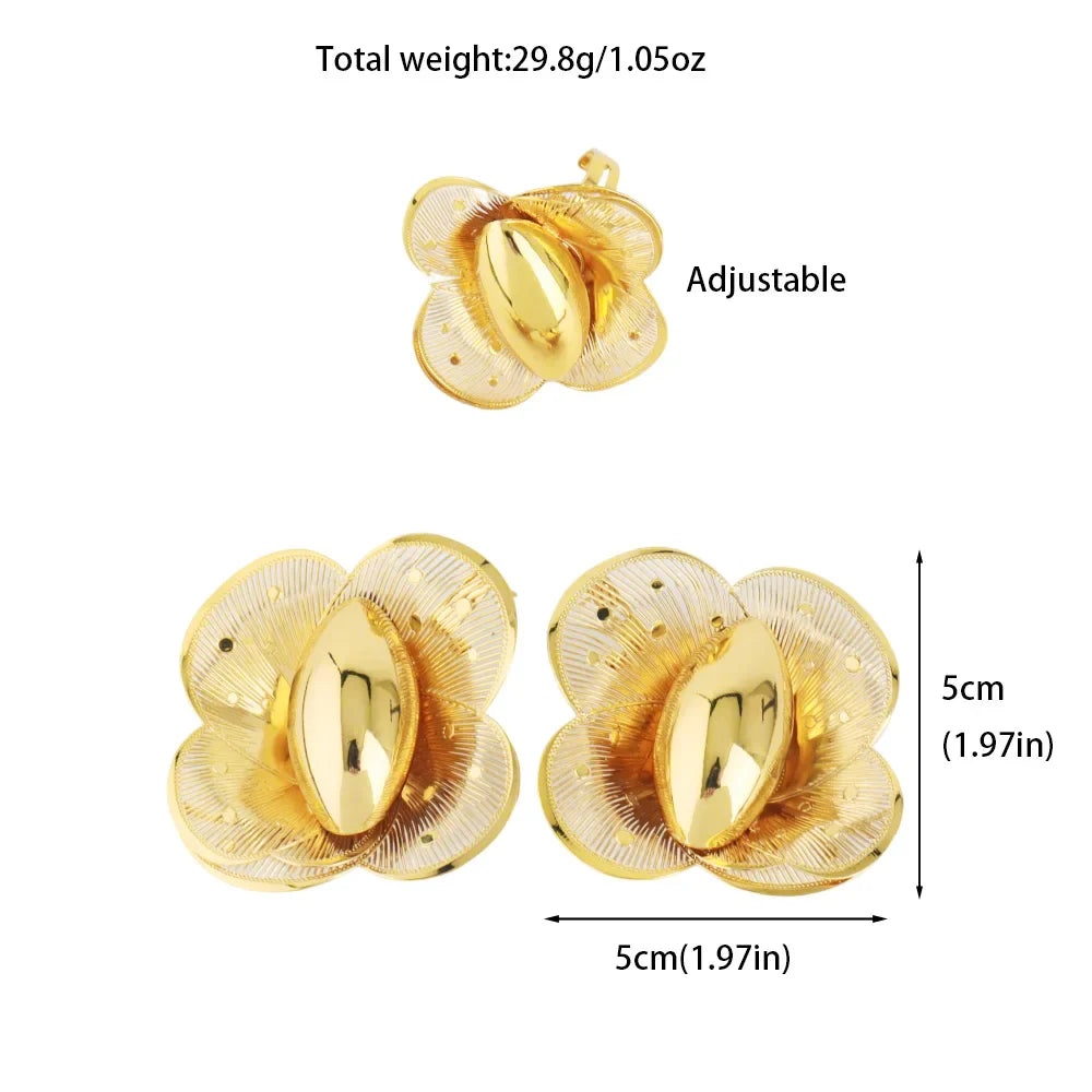 New Fashion Style Gold Plated Earrings Ring Set for Women Girls Dubai Luxury Exaggerated Design Jewelry Gift for Party Easter