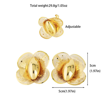 New Fashion Style Gold Plated Earrings Ring Set for Women Girls Dubai Luxury Exaggerated Design Jewelry Gift for Party Easter