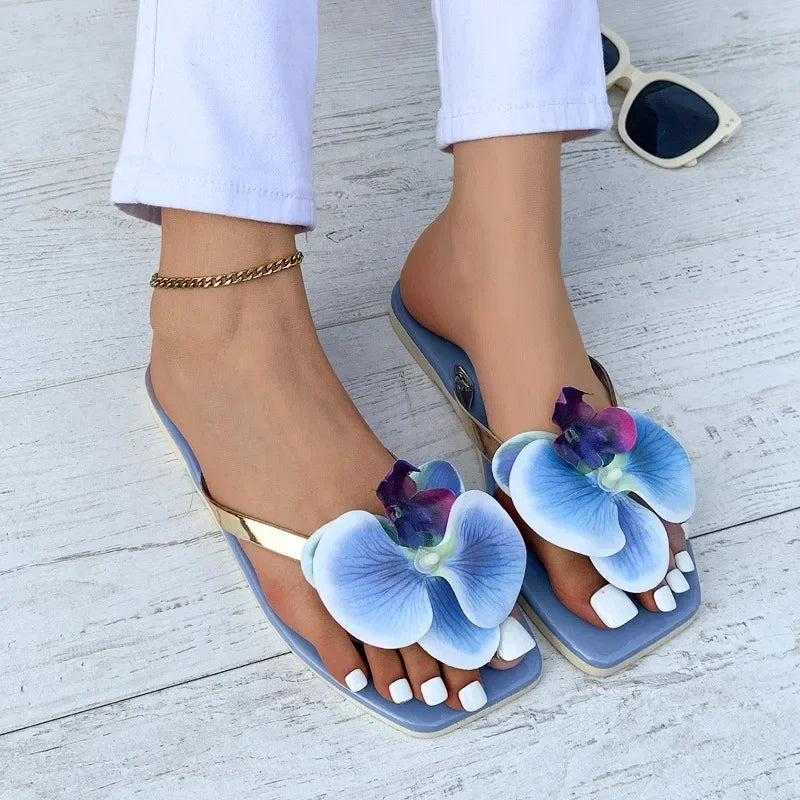 New Flip Flops Women's Slippers 2025 Summer Square Toe Flat Sandals Outdoor Casual Slippers Women Fashion Flowers Shoes Ladies
