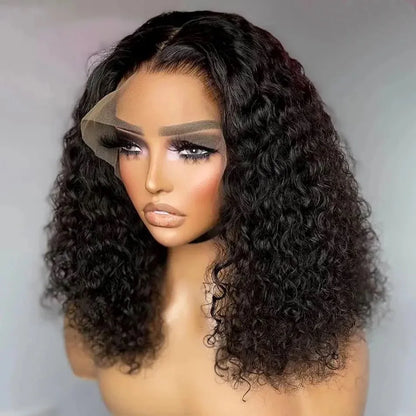Short Bob Cut Black Color Deep Curly 13X4 HD Lace Front Wigs Synthetic Wig Preplucked With Baby Hair Bleached Knots Glueless Wig