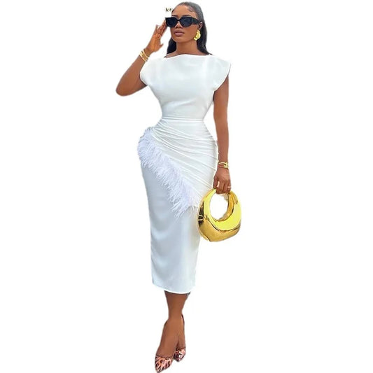Women Dresses O Neck Pullover Solid Sexy Wrap Buttocks Vestidos Ankle Length Office Lady Dress Slim Fit Sheath Feathers