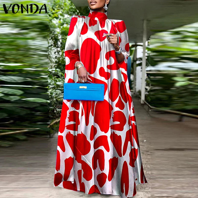 VONDA Women Elegant Printing Maxi Long Dress 2025 Casual Stand Collar Robes Bohemian Bat-wing Sleeve Party Vestidos Oversized