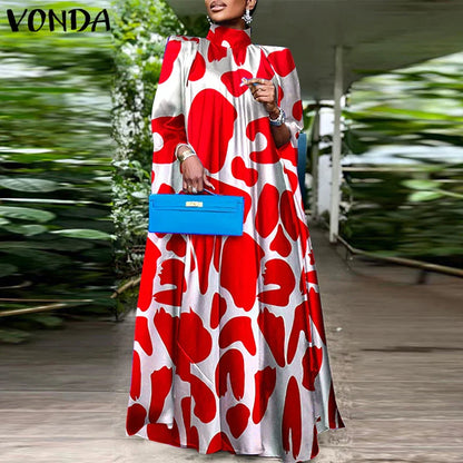 VONDA Women Elegant Printing Maxi Long Dress 2025 Casual Stand Collar Robes Bohemian Bat-wing Sleeve Party Vestidos Oversized