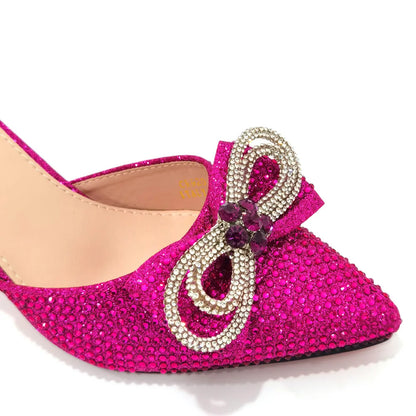 Women's Hot Pink Rhinestone Heels & Matching Handbag Set – Sparkly Bow Design by Venus Chan