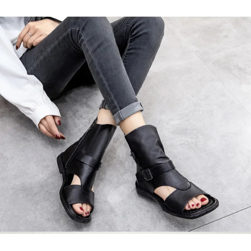 Spring 2021 new leather vintage handmade open-toe side zipper flat flat boots and sandals for women