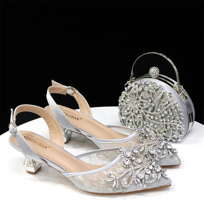 Venus Chan Nigerian Elegant Lace Net Style Green Crystal Low Heel Shoes And Three-Dimensional Mini Bag Commuter Women's Shoes