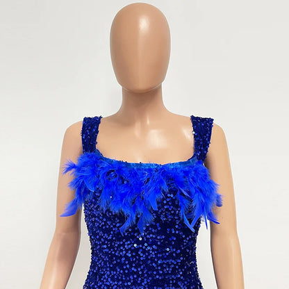 Spring And Summer Women's Clothing MINI Short Solid Color New Wind Sequins Halter Beach Dress One-word Shoulder Feathers Spice G