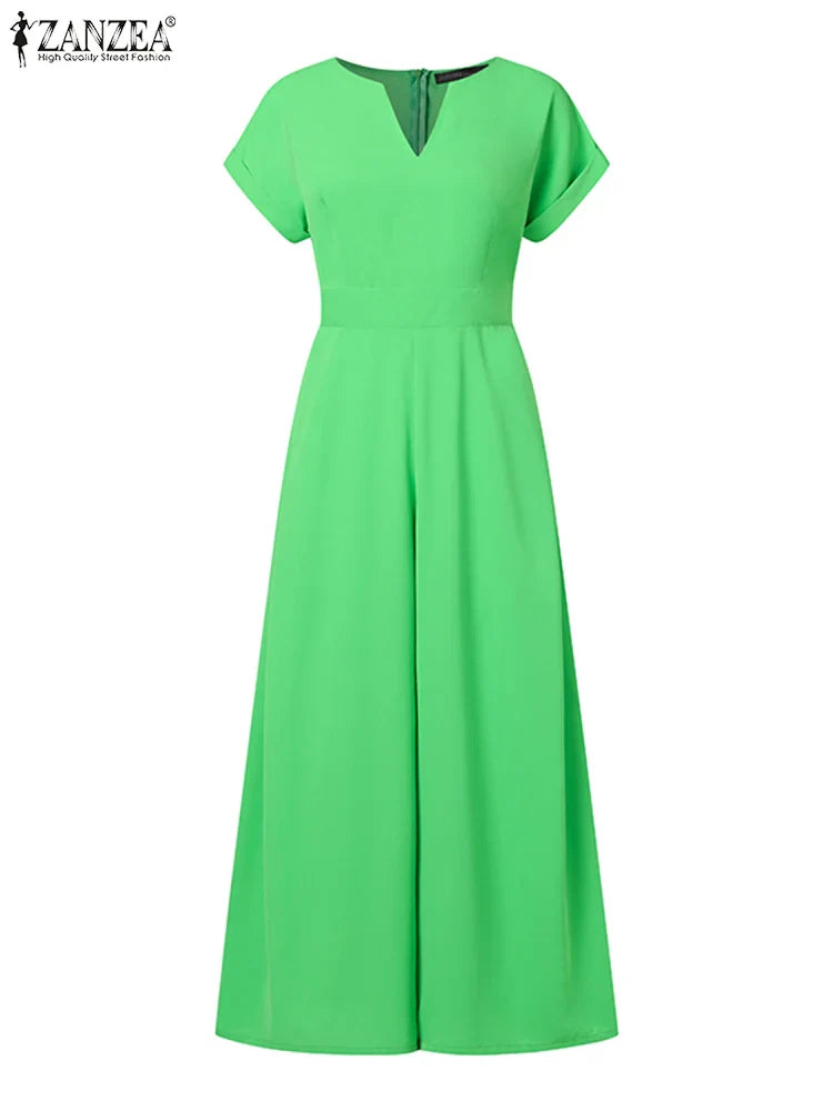 ZANZEA Short Sleeve 2023 Summer Long Rompers Commuting Elegant Holiday Women Playsuit Wide Leg Pants Casual Jumpsuits Overalls