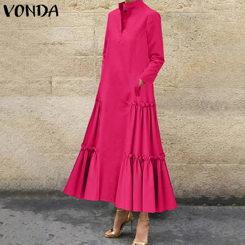 Plus Size VONDA Women Ruffled Maxi Long Dress 2024 Casual Solid Color A-Line Shirt Dress Stand Collar Long Sleeve Party Vestido