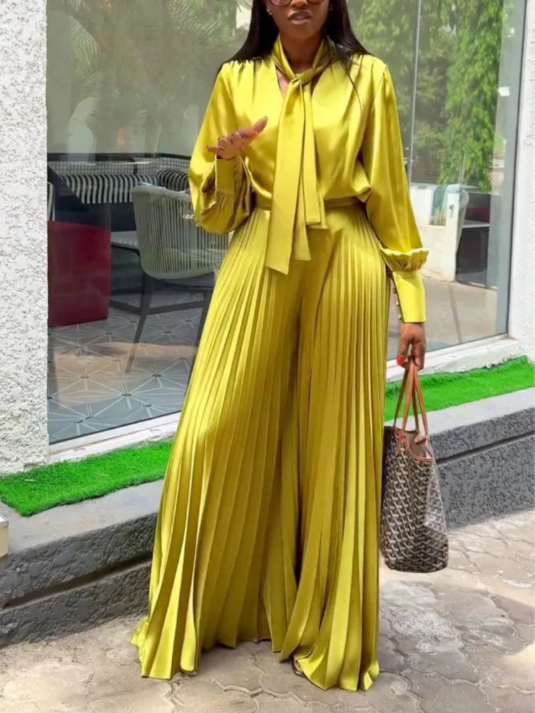 Two Piece Sets Women Outfits V Neck Lace Up Long Lantern Sleeve Tops Wide Leg Pleated Trousers Streetwear Party Causal Pant Sets