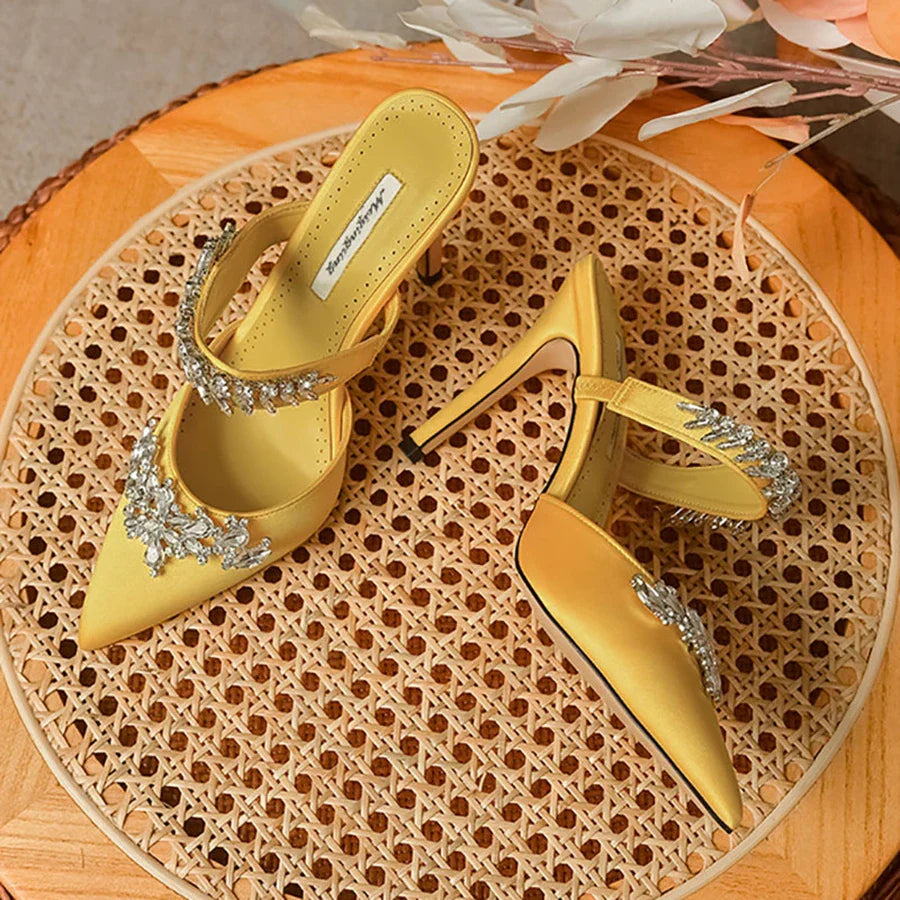 Women's High HeelsTemperament Baotou Silk Wheat Ear Rhinestones Muller Semi-Trailer Pump Pointed Stiletto Sandals