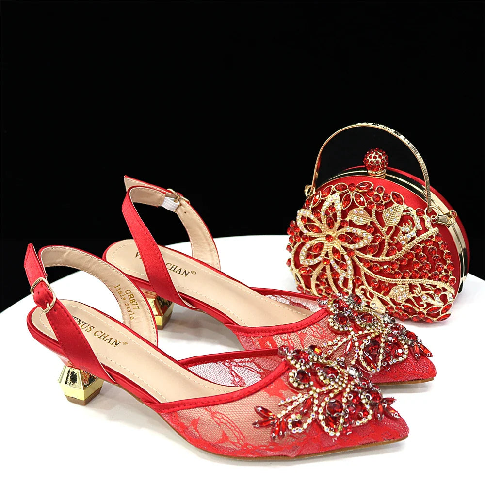Venus Chan Nigerian Elegant Lace Net Style Green Crystal Low Heel Shoes And Three-Dimensional Mini Bag Commuter Women's Shoes
