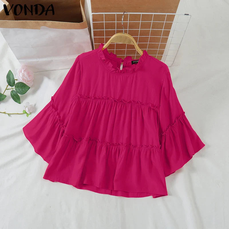 VONDA Women Ruffled Shirts 2025 Casual Flare Sleeve Tops Bohemian Blusas Solid Color Elegent Blouse Female Summer Tunic Oversize