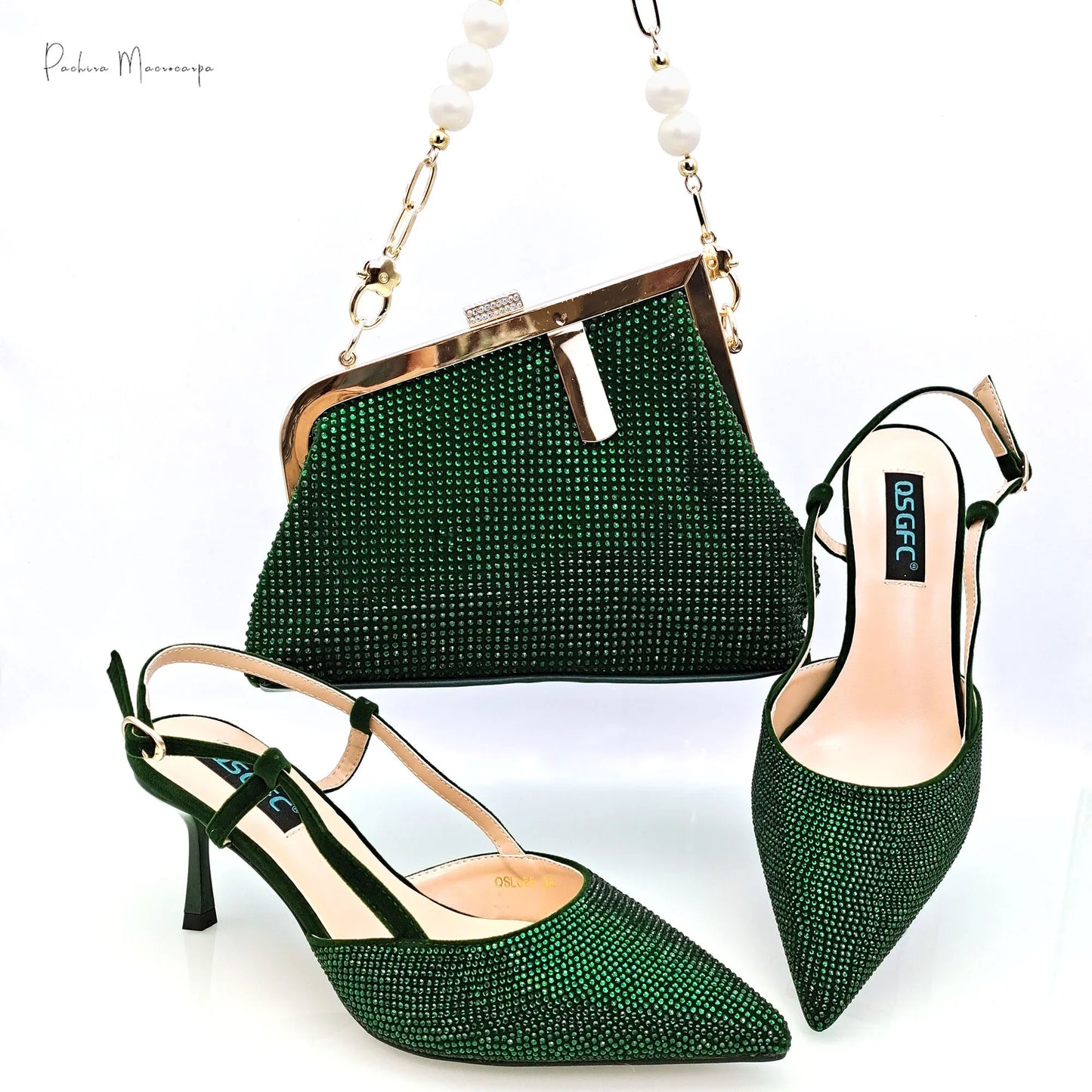 New Arrival Fashion Elegant Green Color Ladies Shoulder Bag for Party Or Commuting Large Capacity Ladies Bag and High Heels