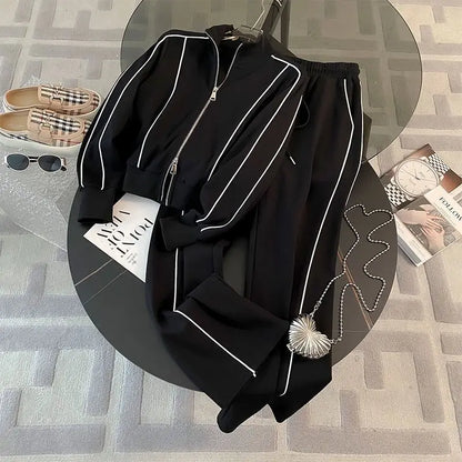 Sports Suit for Women, Autumn Fashion, Casual, Age Reducing, Western-style Zipper Sweatshirt, Wide Leg Pants Two-piece Set pants