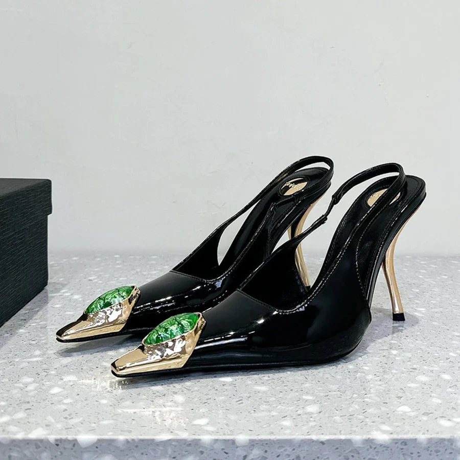 Women's Gem Metal Pointed Temperament High Heels with Sexy Empty Sandals