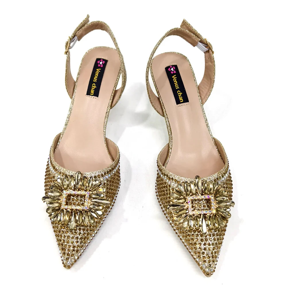 Venus Chan Luxury Rhinestone Heel & Handbag Set – Black & Gold Party Combo